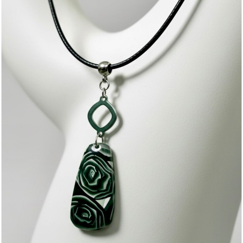 Handmade Black Rose Floral Polymer Clay Pendant Necklace Botanical Statement